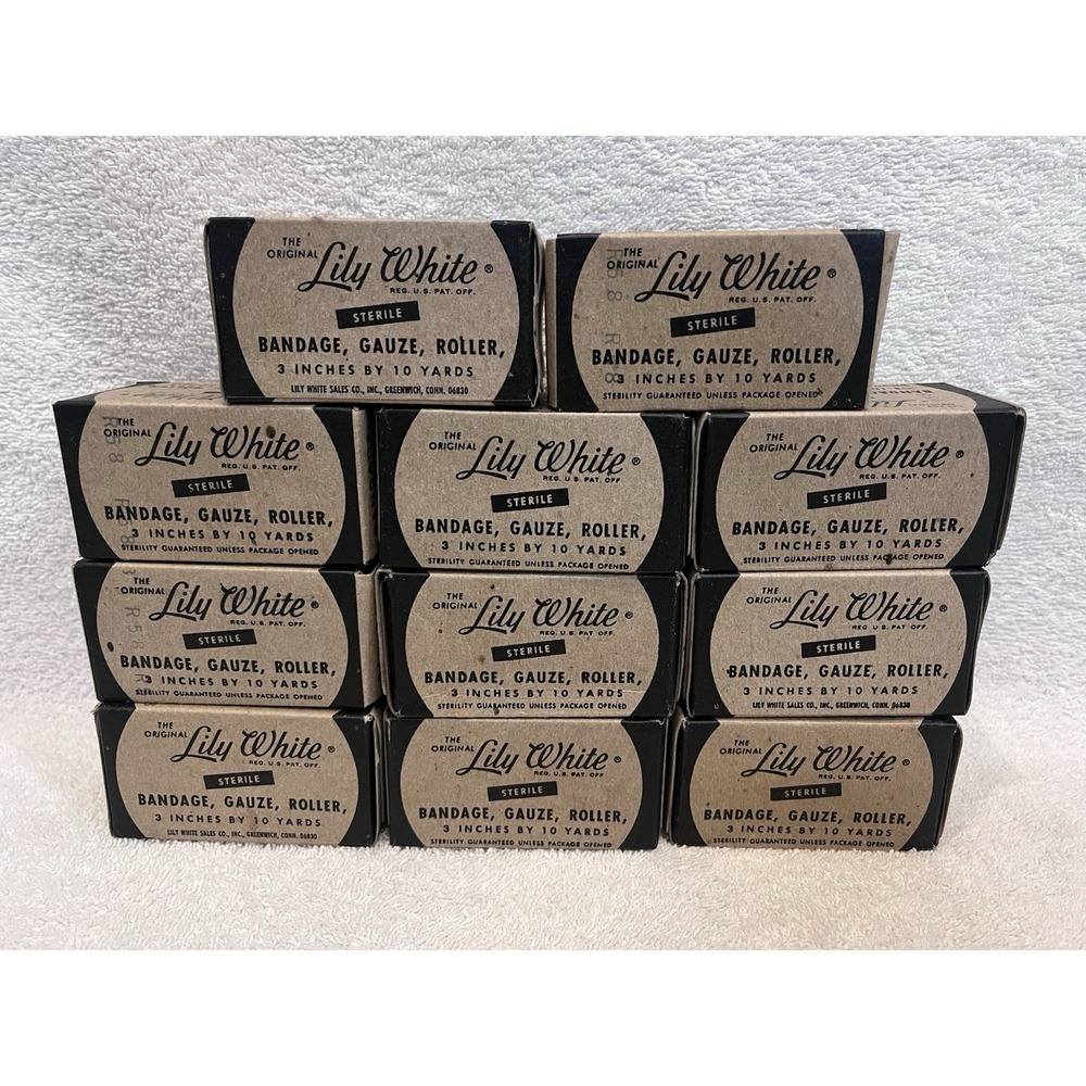 Vintage Lily White Sterile Gauze Bandages Lot of 11- 3"x10yd Mid Century Medical